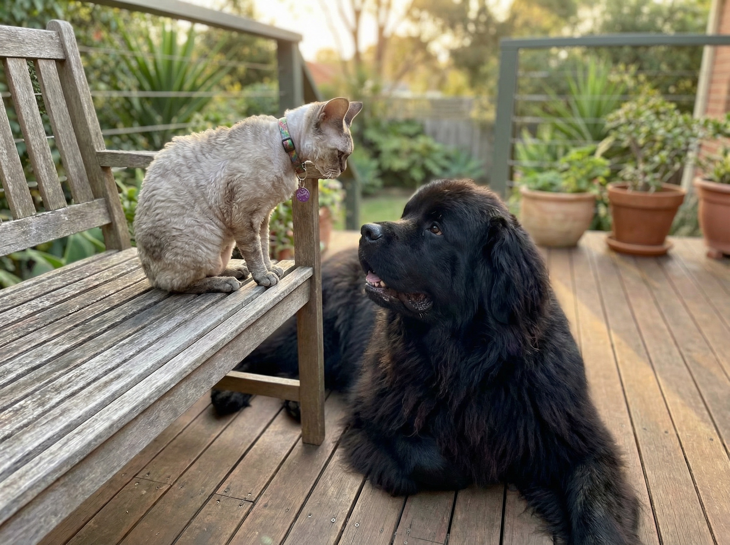 A Devon Rex cat and Black Newfoundland dog relaxing together on a deck