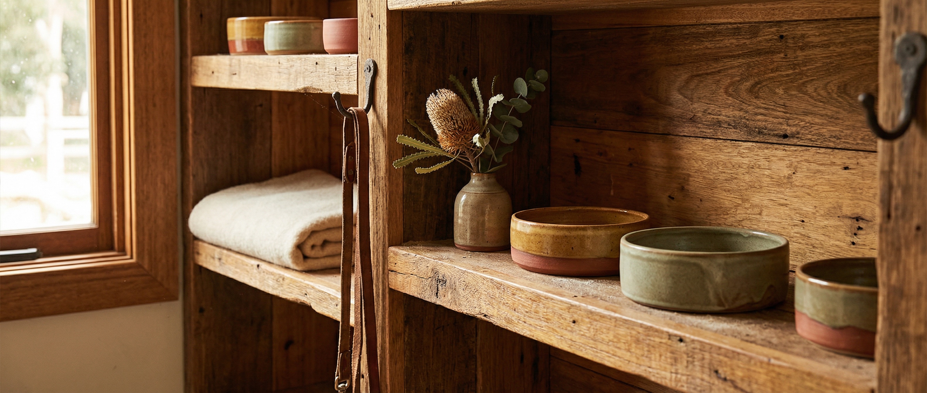 Rustic Australian hardwood shelving with handmade ceramic pet bowls, a banksia sprig, and a leather lead